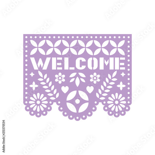 Fotografija Bright paper with cut out flowers, geometric shapes and text Welcome