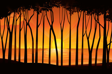 Wall Mural - Sunset on the horizon over the sea landscape. Vector illustration