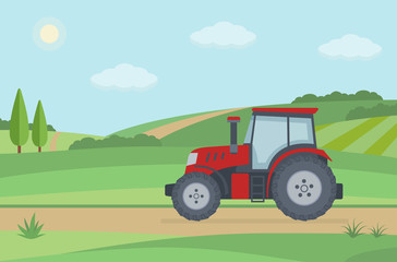 Wall Mural - Red tractor on rural landscape background. Flat style vector illustration.
