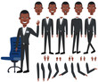 Flat icons set of black boss views, poses and emotions. Facial expressions collection. Business man concept. Vector illustration can be used for topics like business, management, marketing.