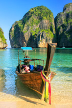 Longtail Boat Anchored At Maya Bay On Phi Phi Leh Island, Krabi Province, Thailand