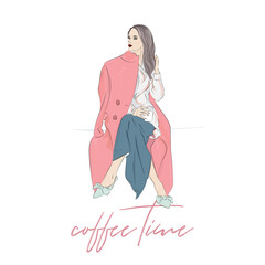 Wall Mural - Cute vector drawing of girl with coffee mug. Trendy outfit : coat, skirt, blouse, hairstyle. Casual look fashion illustration. Advertising poster sketch.