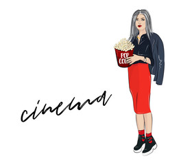 Wall Mural - Vector lovely girl with pop corn.  Fashion magazine print with woman in red skirt, leather jacket and boots holding popcorn bax. Going out on movie night outfit.  Weekend leisure