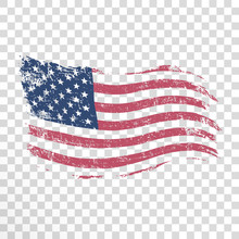 American Flag In Grunge Style On Transparent Background.