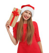 © New Africa - Young beautiful woman in Santa hat with gift box on white background. Christmas celebration