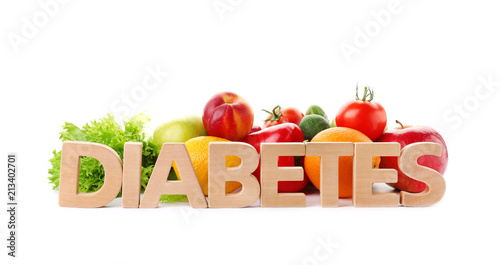 Fotomural Word DIABETES and healthy food on white background