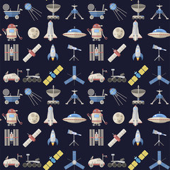 Stylish space ship seamless pattern background astrology radar cosmos universe technology meteor science shuttle astronaut rocket satellite vector.
