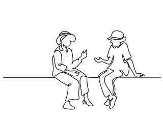 Wall Mural - continuous one line drawing. two sitting old women talking. vector illustration