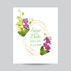 Wall Mural - Wedding Invitation Layout Template with Orchid Flowers. Save the Date Floral Card with Golden Frame and Exotic Flowers. Vector illustration