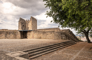 Wall Mural - Interior view of Castelo Branco Castle, Portugal, with stairs in the foreground and tower and wall as the main theme.