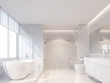 canvas print picture - Modern luxury white bathroom 3d render. There are white tile wall and floor.The room has large windows. The sun is shining to inside.
