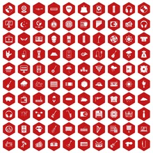 100 Music Festival Icons Set In Red Hexagon Isolated Vector Illustration