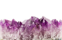 Amethyst Background Seamless Horizontal Repeating, Natural Prism Gemstone Isolated On White Background.