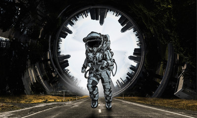 Wall Mural - Spaceman running fast. Mixed media