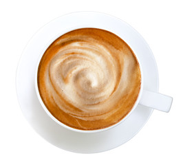 Top view of hot coffee latte cappuccino spiral foam isolated on white background, clipping path included