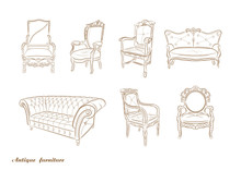 Set Of Antique Furniture .Armchair, Sofa, Vector