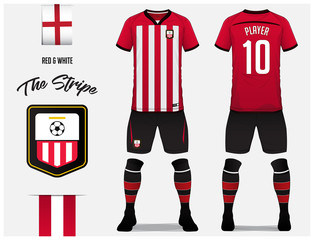 Soccer jersey or football kit template for football club. Red and white stripe football shirt with sock and short mock up. Front and back view soccer uniform. Football logo and Flag label. Vector.