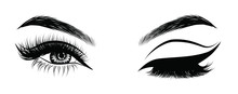 Sexy Winking Luxurious Eye With Perfectly Shaped Eyebrows And Full Lashes. Idea For Business Visit Card, Typography Vector. Perfect Salon Look.