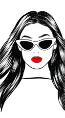 Retro Cat eye sunglasses fashion illustration, 90s style modern renaissance .Stylish girl with big lips and natural makeup. Perfect eyebrows and long eyelashes.Silky healthy short bob hair. Business c