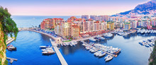 Monaco, Europe. Panoramic Scenic View On Fashionable Apartment District And Port Fontvieille In Monaco - Small Country, Symbol Of Wealth And Richness. Beautiful Evening Skyline Of Monaco. 