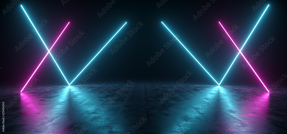 Futuristic Sci Fi Blue And Purple Neon Tube Lights Glowing In Concrete Floor Room With Refelctions Empty Space 3D Rendering - obrazy, fototapety, plakaty 