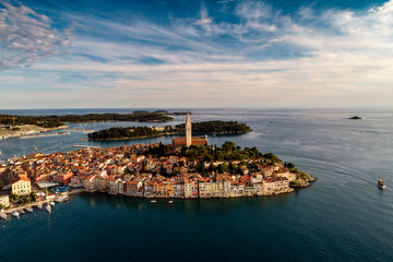 Canvas Print - Rovinj city - HDR aerial view taken by a professional drone from above the sea. The old town of Rovinj, Istria, Croatia