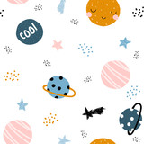 Cute space seamless pattern wiht hand drawn planets and stars. Trendy kids graphic. Vector illustration.