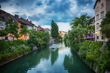 Poster - Ljubljanica river in the city center. Ljubljana, capital of Slovenia.