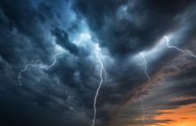 Lightning Thunderstorm Flash Over The Night Sky. Concept On Topic Weather, Cataclysms (hurricane, Typhoon, Tornado)