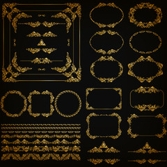 Wall Mural - Set of gold decorative hand-drawn floral element, corner, seamless borders, frames, filigree dividers, crown on black background. Page, web site decoration in vintage style. Vector illustration EPS 10