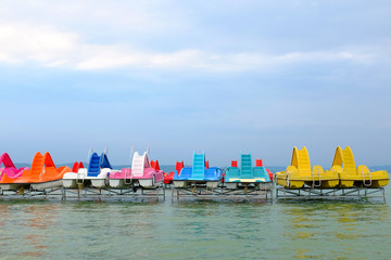 Wall Mural - Paddle boats in vivid color on Lake Balaton, Hungary