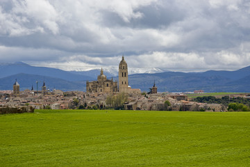 Segovia panoramic view with the Cathedral and mountains at back