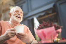 Low Angle Waist Up Portrait Of Delighted Mature Male Sitting At Table Outside. He Is Holding Cup Of Hot Drink And Looking With Pleasure And Content. Copy Space In Right Side