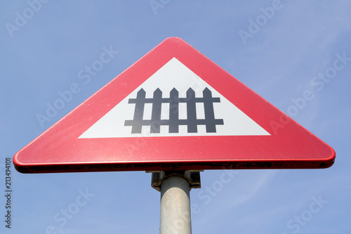 Fotografia, Obraz Dutch road sign: level crossing with barrier or gates ahead