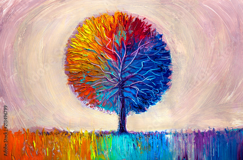 Naklejka - mata magnetyczna na lodówkę Tree, oil painting, artistic background