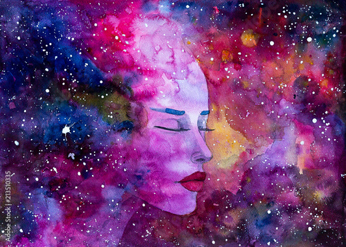 Nebulosa galassia donna bella acquerello Tableau sur Toile