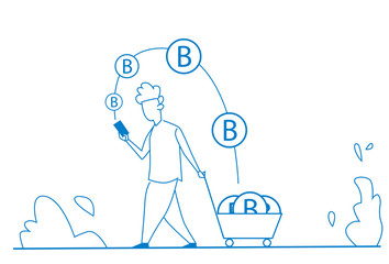 Poster - man using bitcoin mobile application mining coin in chart cryptocurrency concept growth wealth character silhouette full length horizontal vector illustration