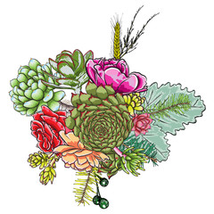 Wall Mural - Green colorful succulent Echeveria design bouquet. Imitation watercolor natural cactus bouquets in modern trendy style. All elements are hand drawn from real plant and absolutely unique. Vector.