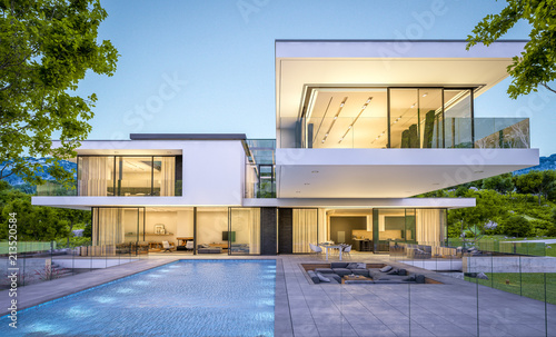 Fotomural 3d rendering of modern house by the river at evening