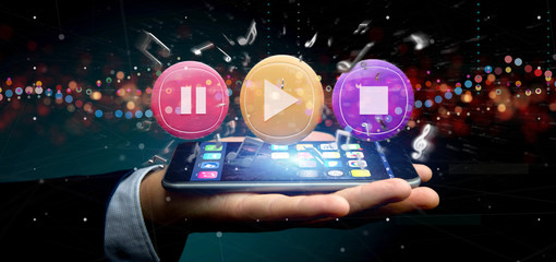 Poster - Man holding a Music button and notes playing  3d rendering