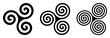 Three black celtic triskelion spirals over white. Triple spirals with two, three and four turns. Motifs of twisted and connected spirals, exhibiting rotational symmetry. Isolated illustration. Vector.