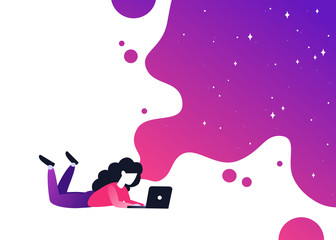 Aufkleber - Vector ultra violet gradient illustration of creativity. Concept with bright colorful splash. Young girl lying with laptop. Creative process and brainstorming.