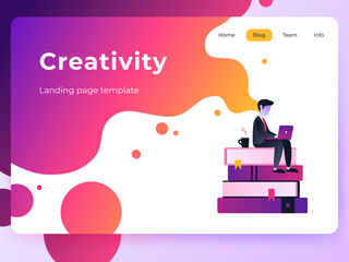 Aufkleber - Vector ultra violet gradient illustration of creativity in Internet. Website design concept with bright colorful splash. Landing page template with businessman working with laptop.