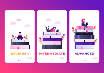 Aufkleber - Onboarding set for mobile app. Flat vector characters working with laptop. Modern ultra violet gradient illustration of distance learning, online courses, education, online books, e-learning.