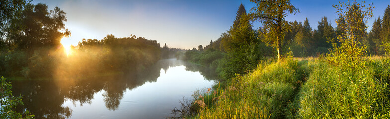 summer landscape panorama with river and sunrise