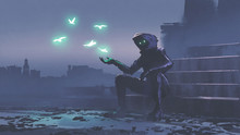 Mysterious Man With Glowing Birds Over His Hand Digital Art Style, Illustration Painting