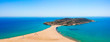 Aerial birds eye view drone photo Prasonisi on Rhodes island, Dodecanese, Greece. Panorama with nice lagoon, sand beach and clear blue water. Famous tourist destination in South Europe
