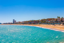 Barceloneta Beach In Barcelona. Nice Sand Beach With Palms. Sunny Bright Day With Blue Sky. Famous Tourist Destination In Catalonia, Spain