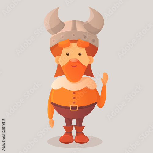 Cartoon Cute Dwarf Viking In A Large Helmet With Horns Waving His Hand Pleasant Kind In Big Boots With A Big Red Beard Vector Illustration Isolated On A Gray Background Stock Vector