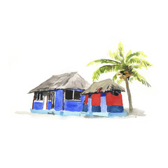 Wall Mural - Watercolor, tropics. House on the water. Isolation on a white background